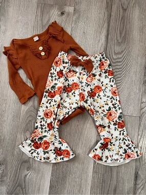 Rust Ribbed Top & Floral Ruffle Pants Set - Orange Floral